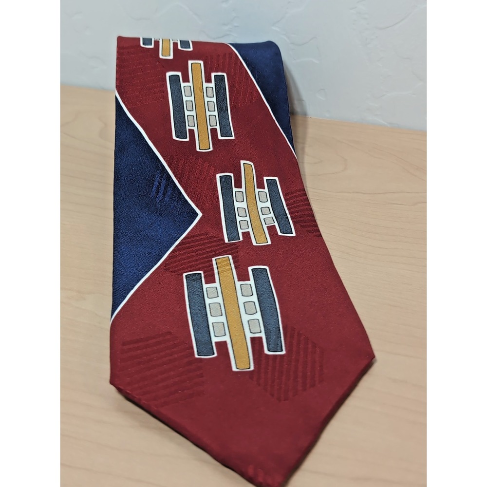 John Henry Men's Silk Tie Blue Red White Geometric Retro 70s Abstract Woven
